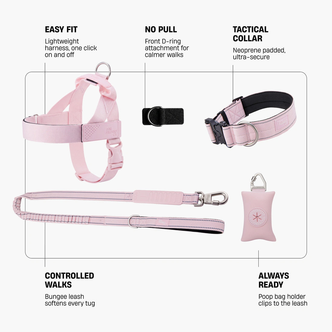 Sakura walk set infographic. Easy fit: lightweight harness, one click on and off. No pull: front D-ring attachment for calmer walks. Tactical collar: neoprene padded, ultra-secure. Controlled walks: bungee leash softens every tug. Always ready: poop bag holder clips to the leash.