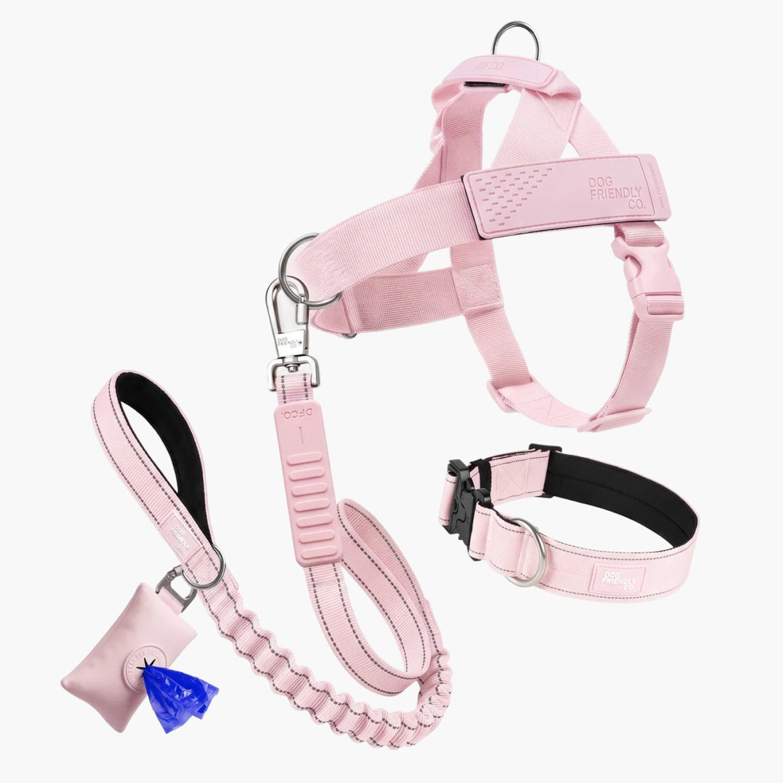7AM Club Limited Edition in Sakura: no-pull harness, tactical collar, bungee leash and poop bag holder