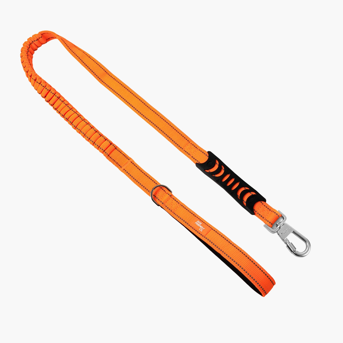 Hi-vis orange bungee dog leash with padded handle, shock-absorbing bungee, D-ring and heavy-duty clip.