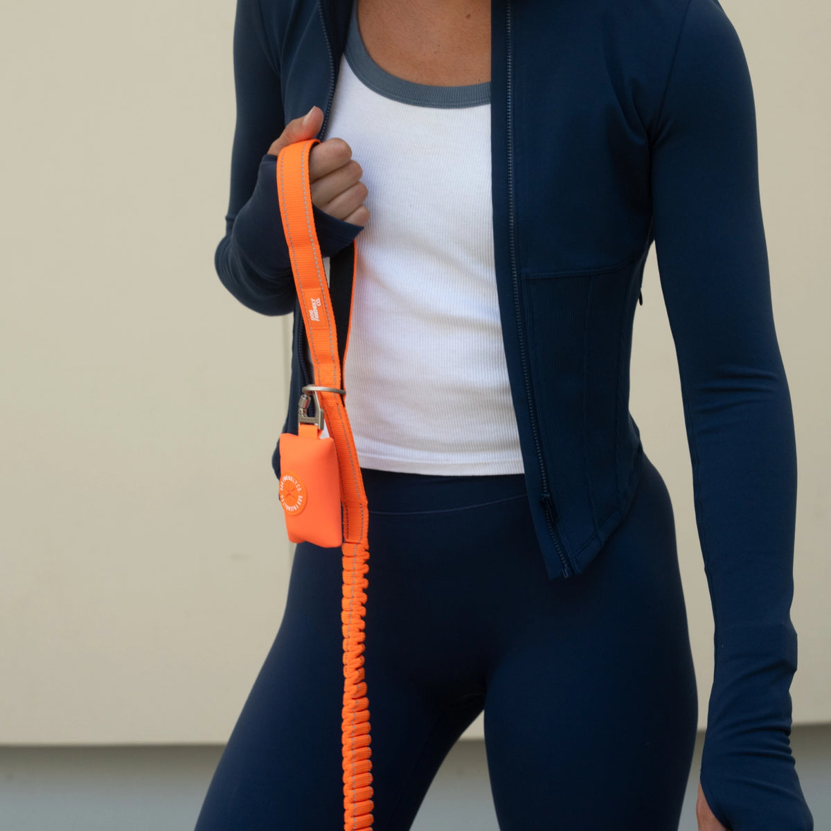 Hi-vis orange bungee dog leash being used while walking a dog.