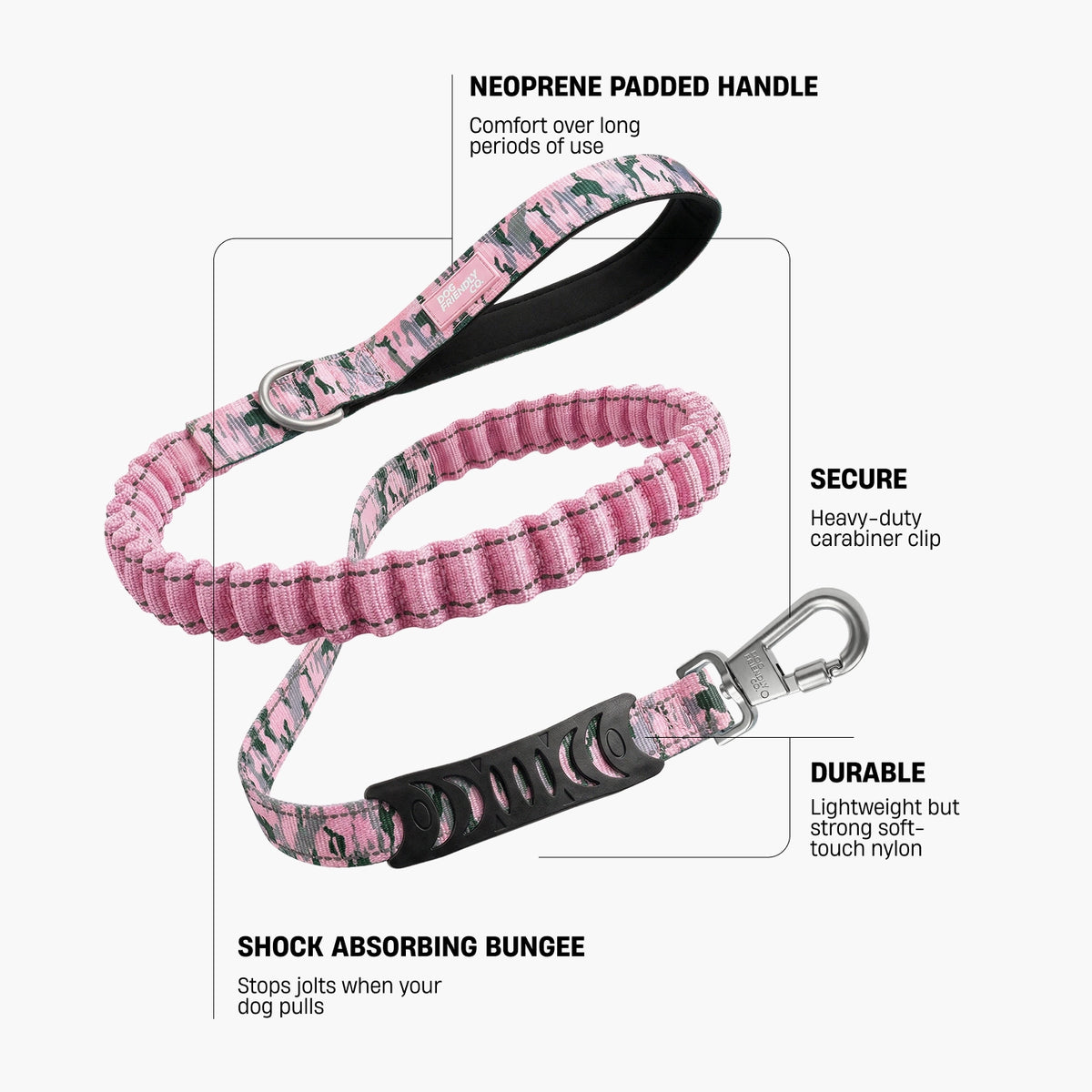 Pink Camo bungee dog leash infographic showing a neoprene padded handle, heavy-duty carabiner clip, lightweight soft-touch nylon and shock-absorbing bungee.