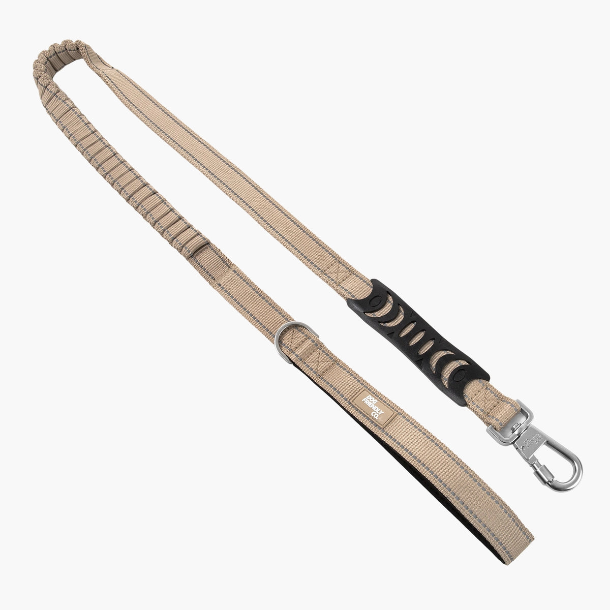 Premium brown bungee dog leash with padded handle, shock-absorbing bungee and heavy-duty clip.