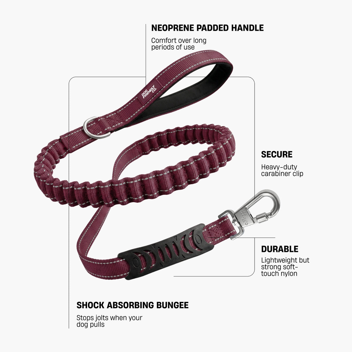 Premium burgundy bungee dog leash showing the padded handle, reflective stitching and leash clip.