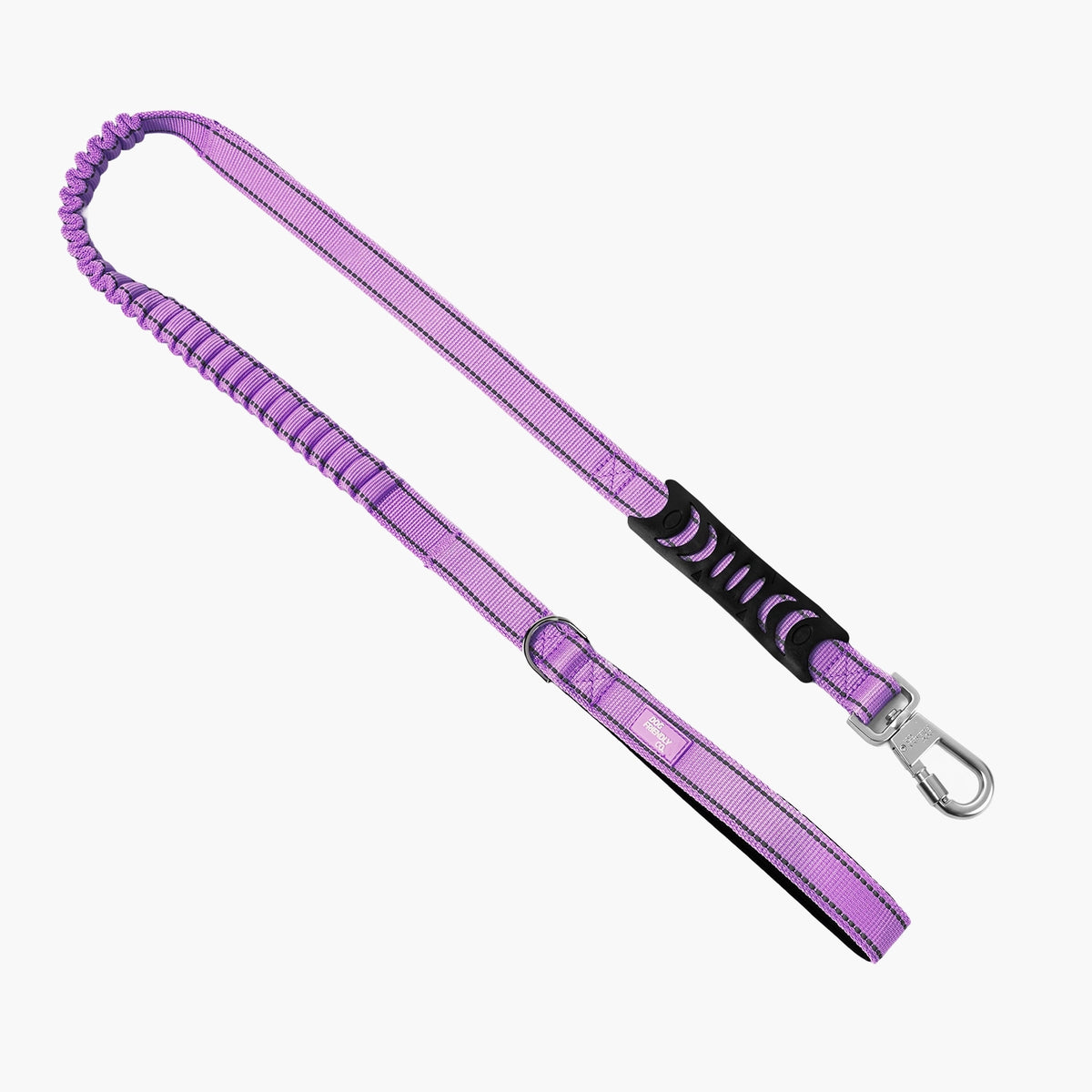 Purple bungee dog leash with padded handle, shock-absorbing bungee, metal D-ring and heavy-duty clip.