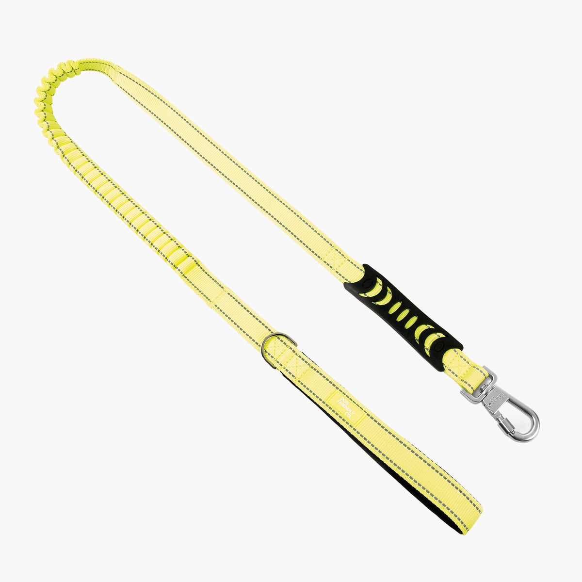 Yellow bungee dog leash with padded handle, shock-absorbing bungee and heavy-duty clip.