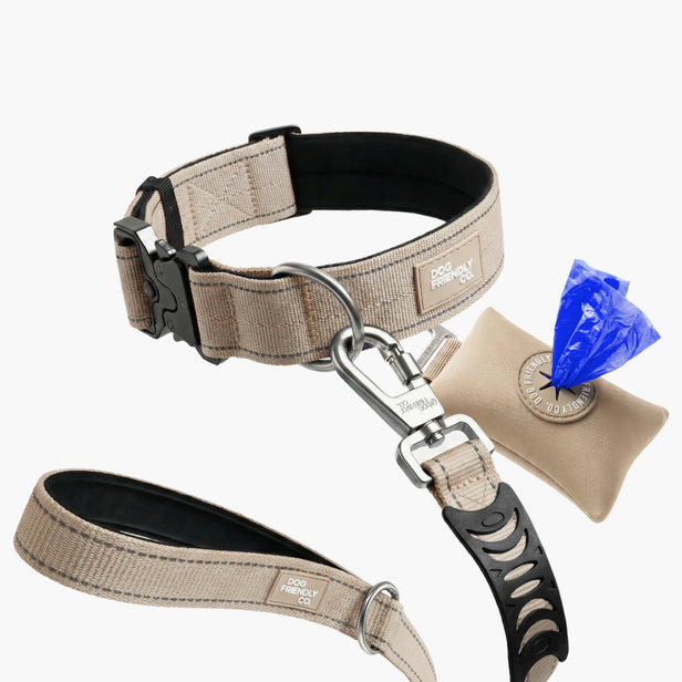 Brown Collar Walk Set featuring a tactical dog collar, leash, and poop bag holder