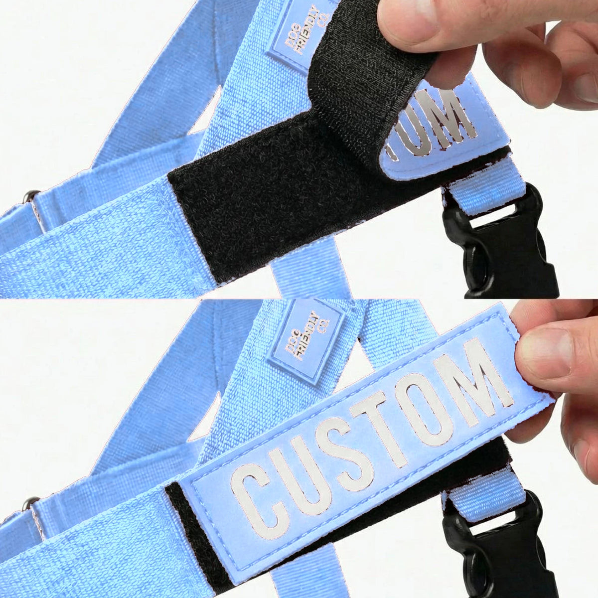 Close-up of a CUSTOM name patch being pressed onto the Air harness