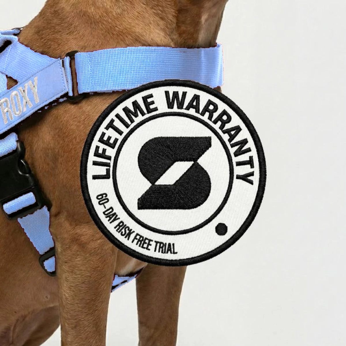 Lifetime Warranty, 60-day risk free trial badge over a dog wearing the Air harness