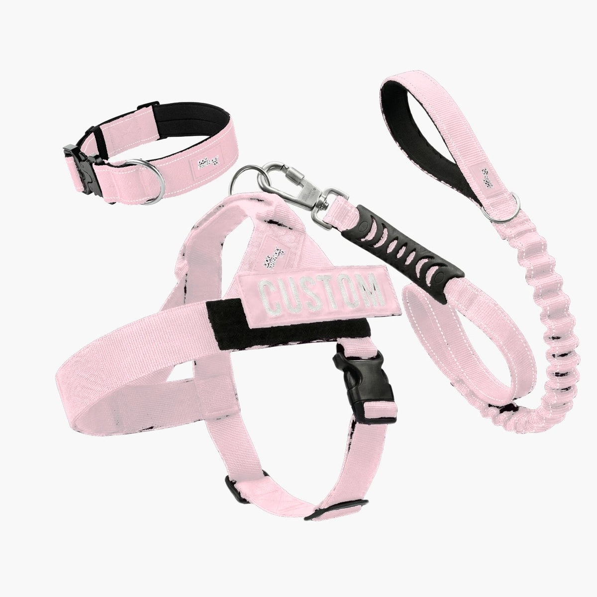 Dog Lovers Pack in Sakura, 7AM Club Limited Edition: no-pull harness with a custom name patch, tactical collar and bungee leash