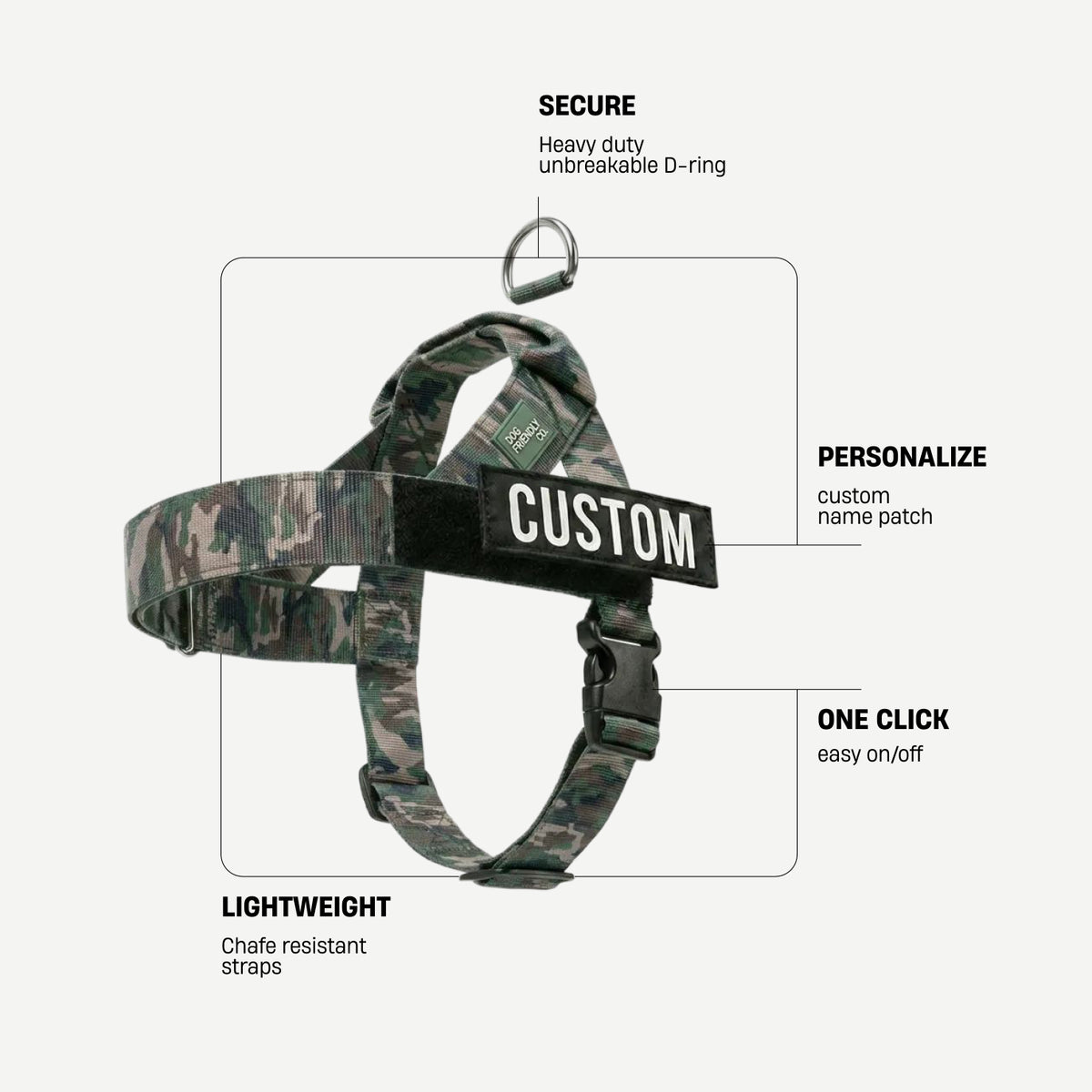 Green Camo dog harness with labels identifying the heavy-duty back D-ring, lightweight chafe-resistant straps, and one-click buckle.
