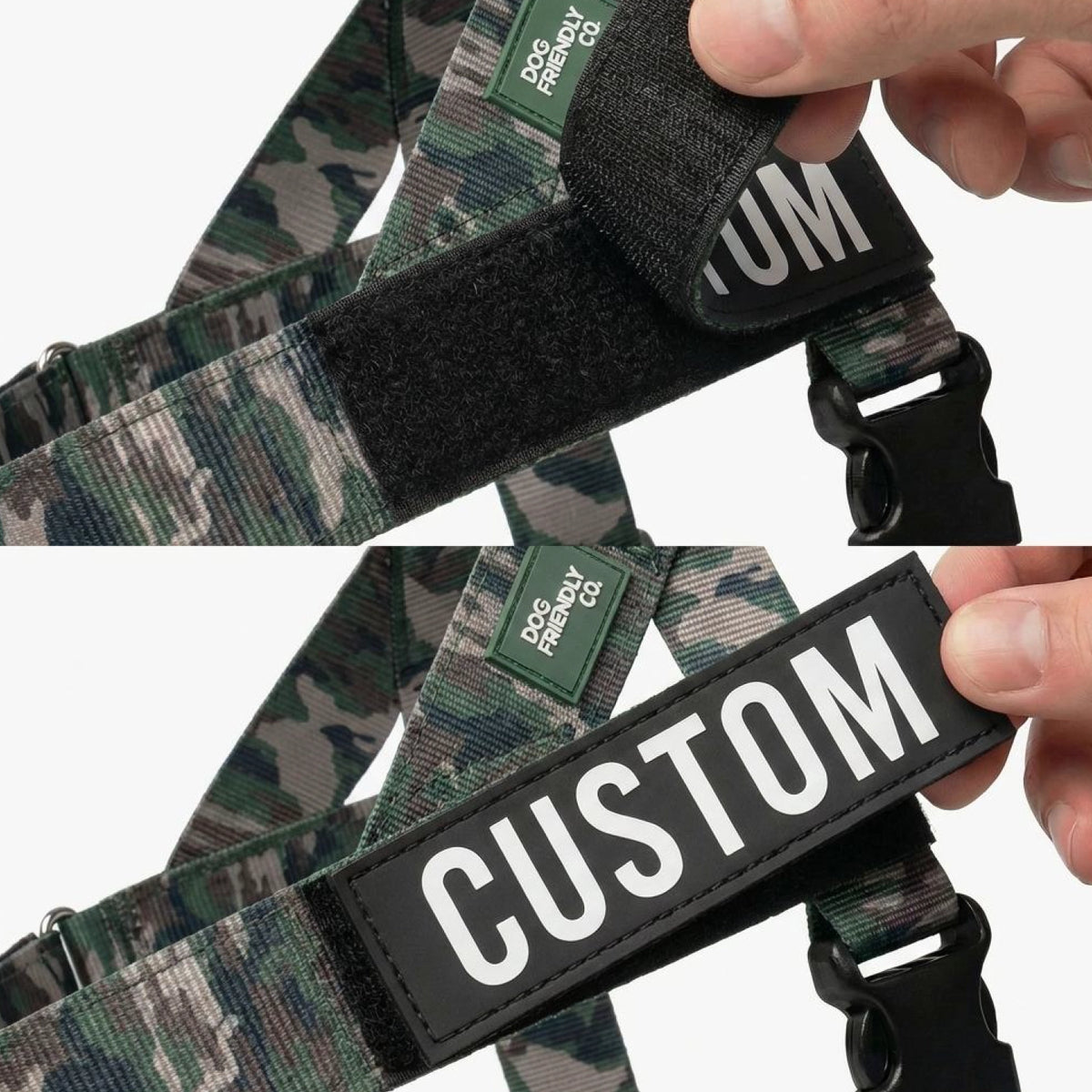 Green Camo Dog harness with a personalised name patch.