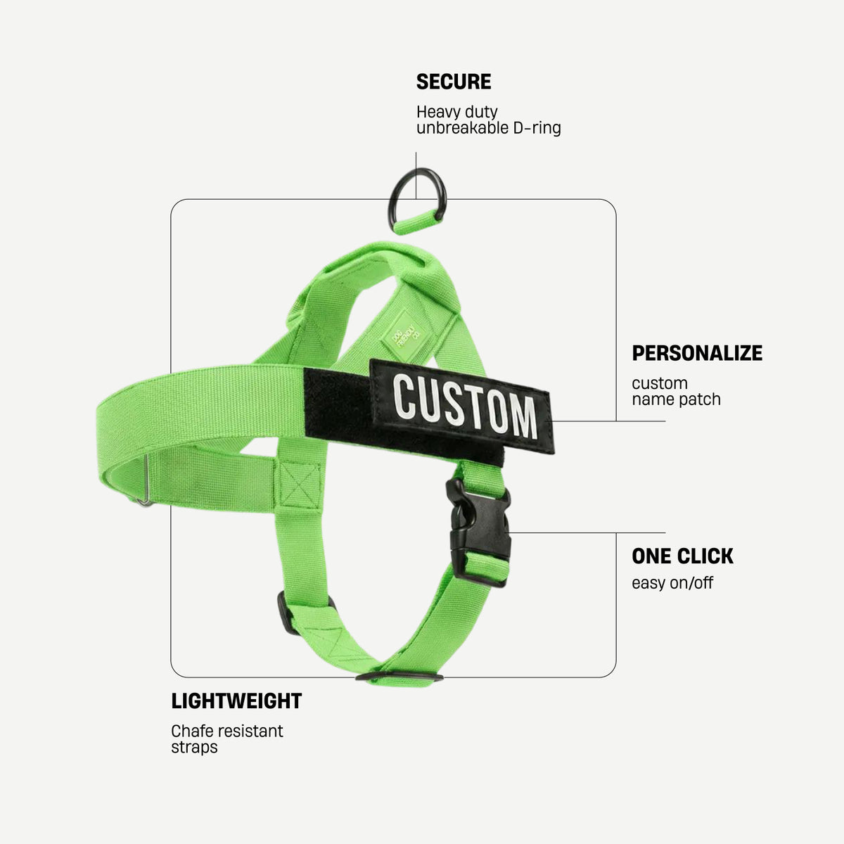 Neon Green dog harness with labels identifying the heavy-duty back D-ring, lightweight chafe-resistant straps, and one-click buckle.