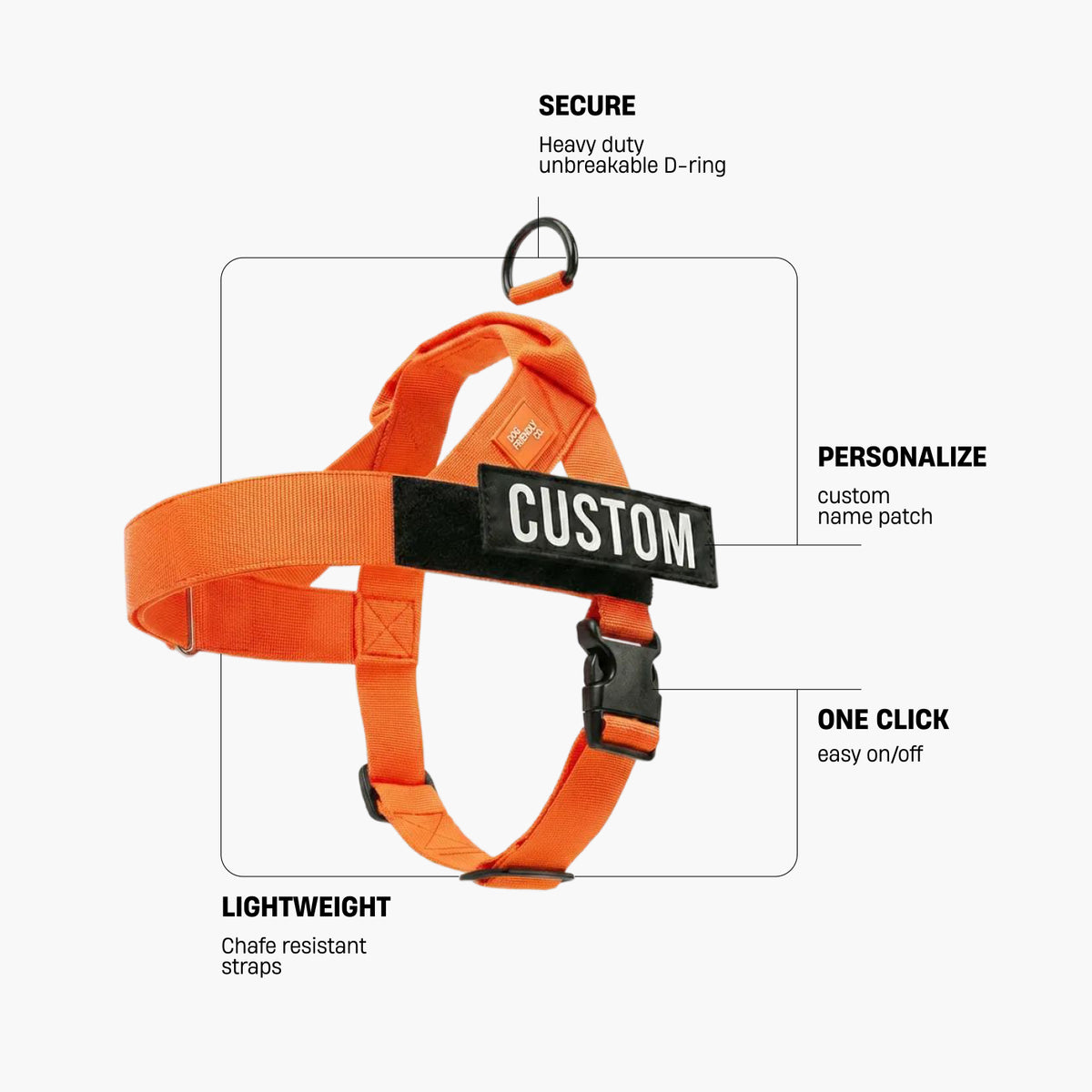 Hi-Vis Orange dog harness with labels identifying the heavy-duty back D-ring, lightweight chafe-resistant straps, and one-click buckle.