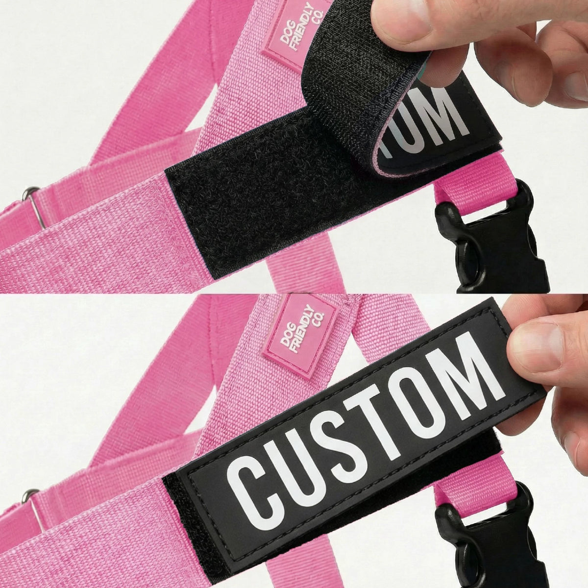 Pink Dog harness with a personalised name patch.