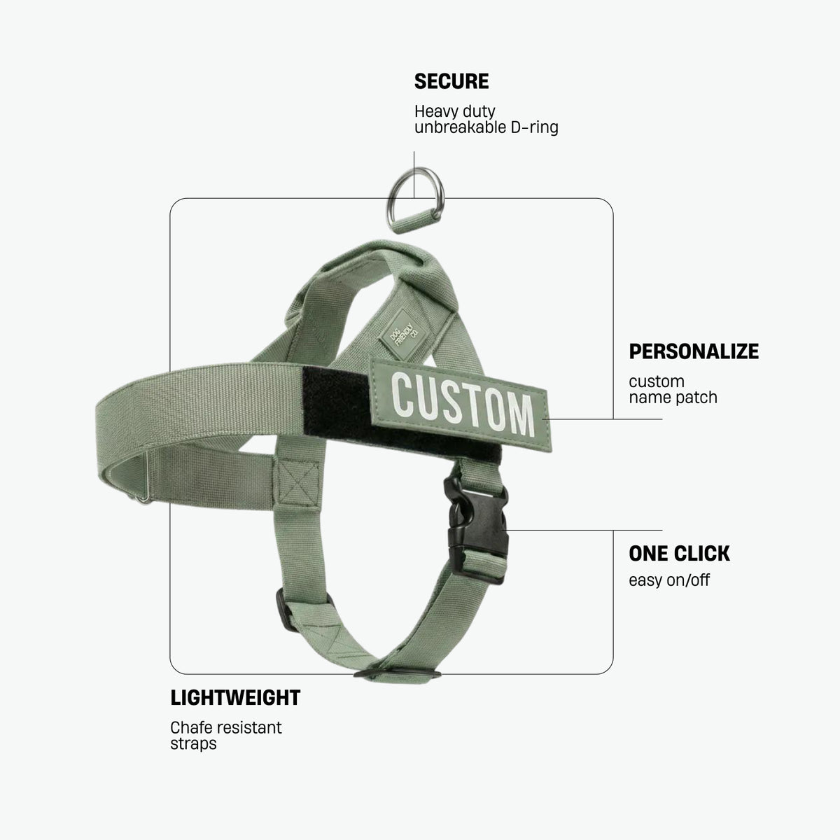 Khaki dog harness with labels identifying the heavy-duty back D-ring, lightweight chafe-resistant straps, and one-click buckle.