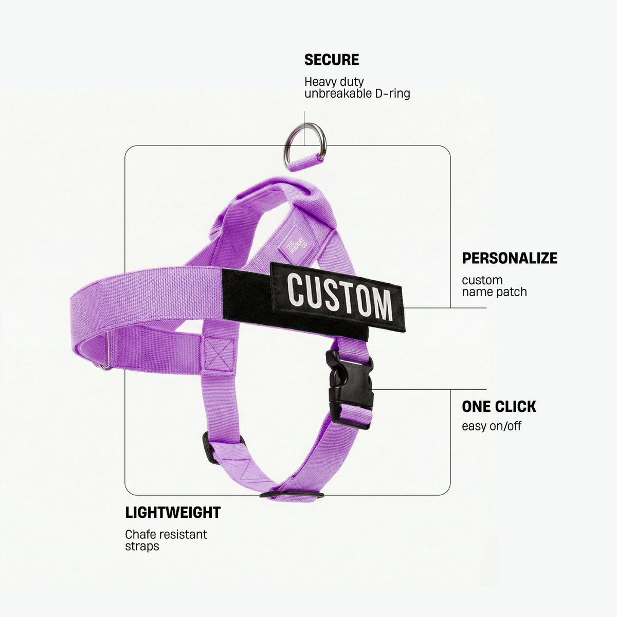 Purple dog harness with labels identifying the heavy-duty back D-ring, lightweight chafe-resistant straps, and one-click buckle.