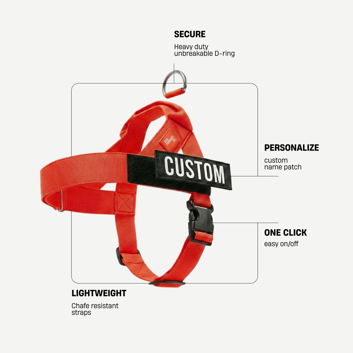 Red dog harness with labels identifying the heavy-duty back D-ring, lightweight chafe-resistant straps, and one-click buckle.