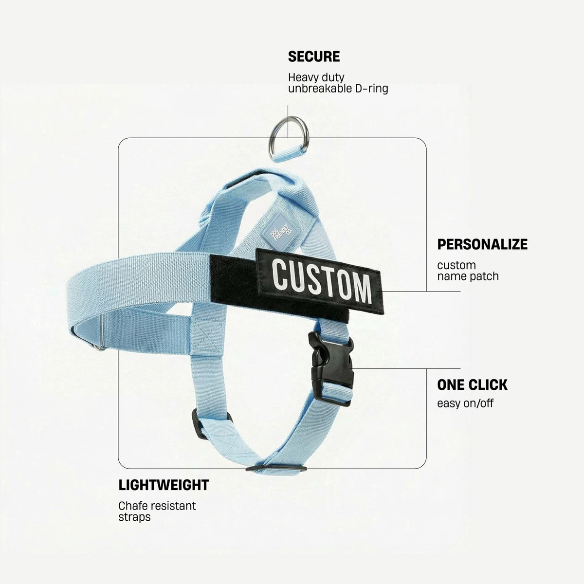 Sky Blue dog harness with labels identifying the heavy-duty back D-ring, lightweight chafe-resistant straps, and one-click buckle.