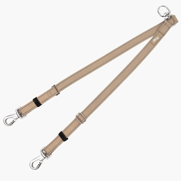 Leash Splitter in Premium Brown with two leash branches, adjustable straps, reflective webbing and heavy-duty clips.