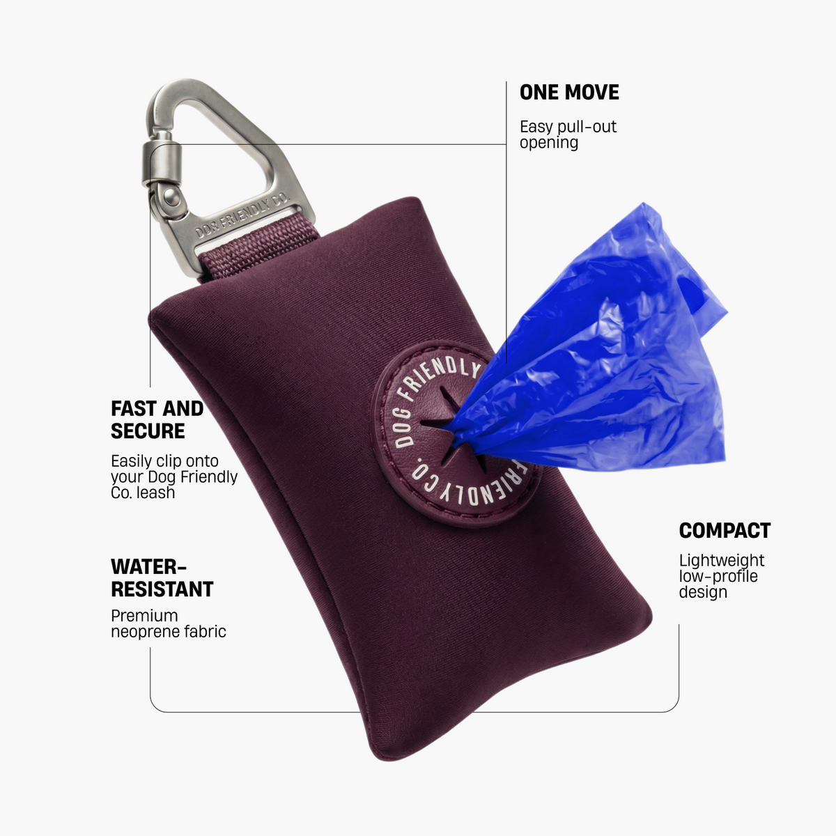 Back view of the black Dog Friendly Co. poop bag holder showing the full-length zipper