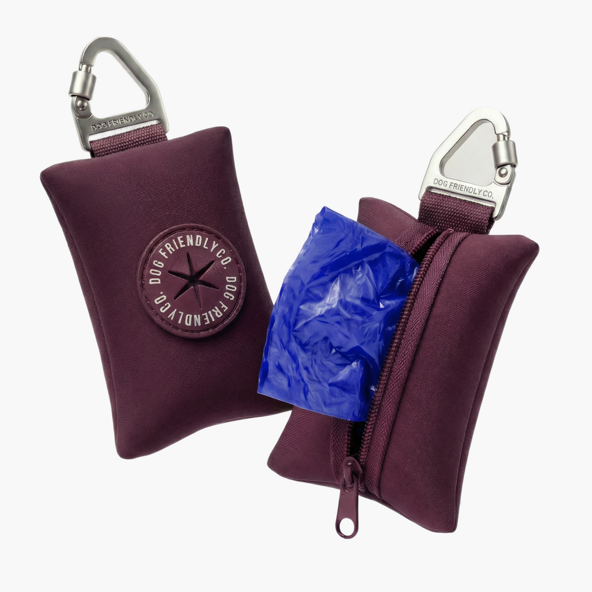 Burgundy poop bag holder showing secure leash clip, easy pull-out opening, water-resistant neoprene fabric, and compact lightweight design