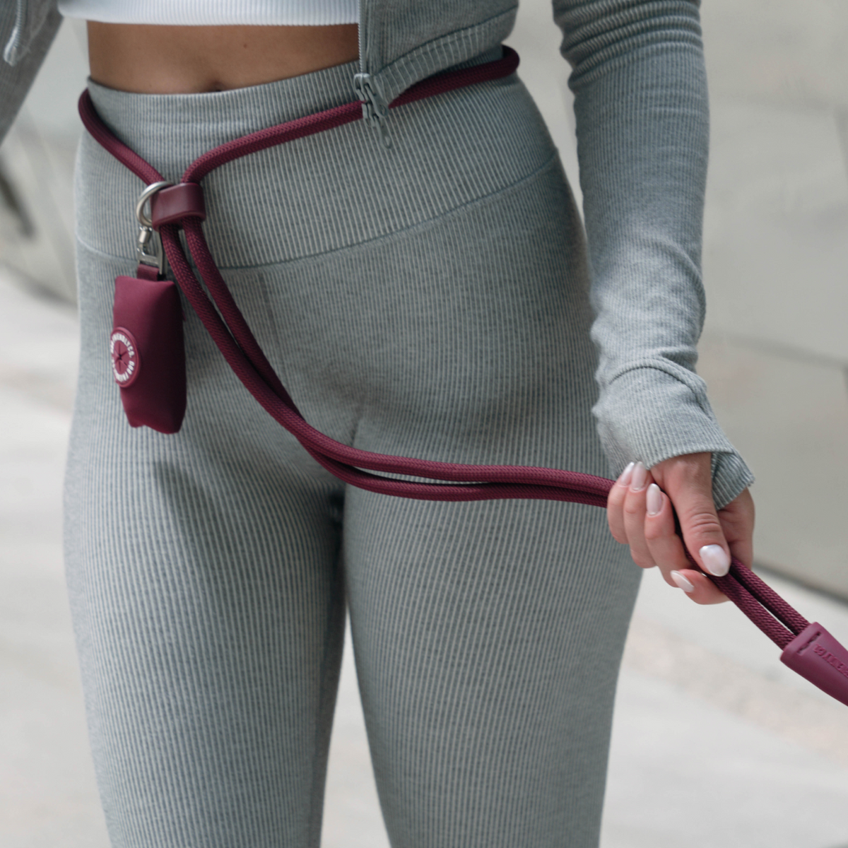 Burgundy poop bag holder clipped to a dog leash during a walk