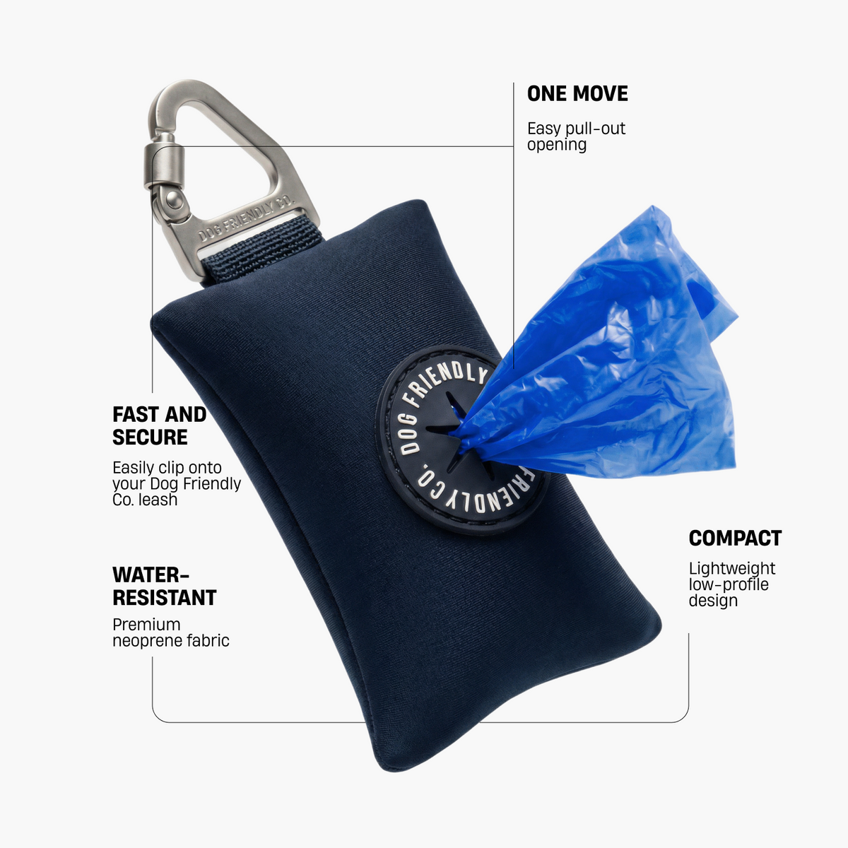 Navy Blue poop bag holder showing secure leash clip, easy pull-out opening, water-resistant neoprene fabric, and compact lightweight design