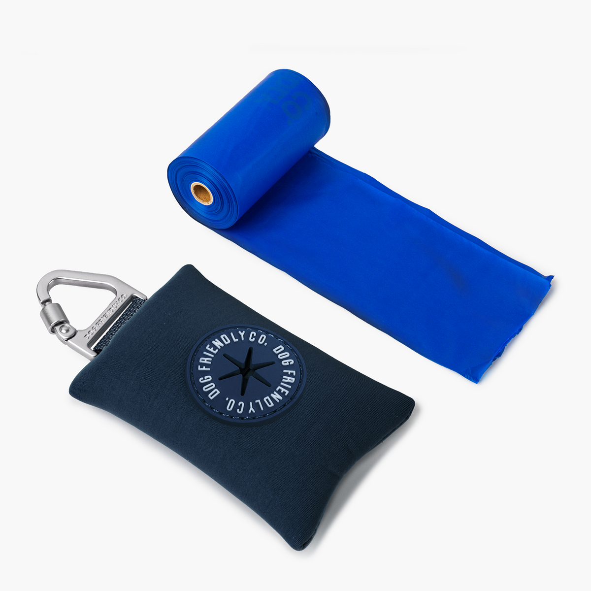 Navy Blue Dog Friendly Co. poop bag holder with a roll of biodegradable blue poop bags