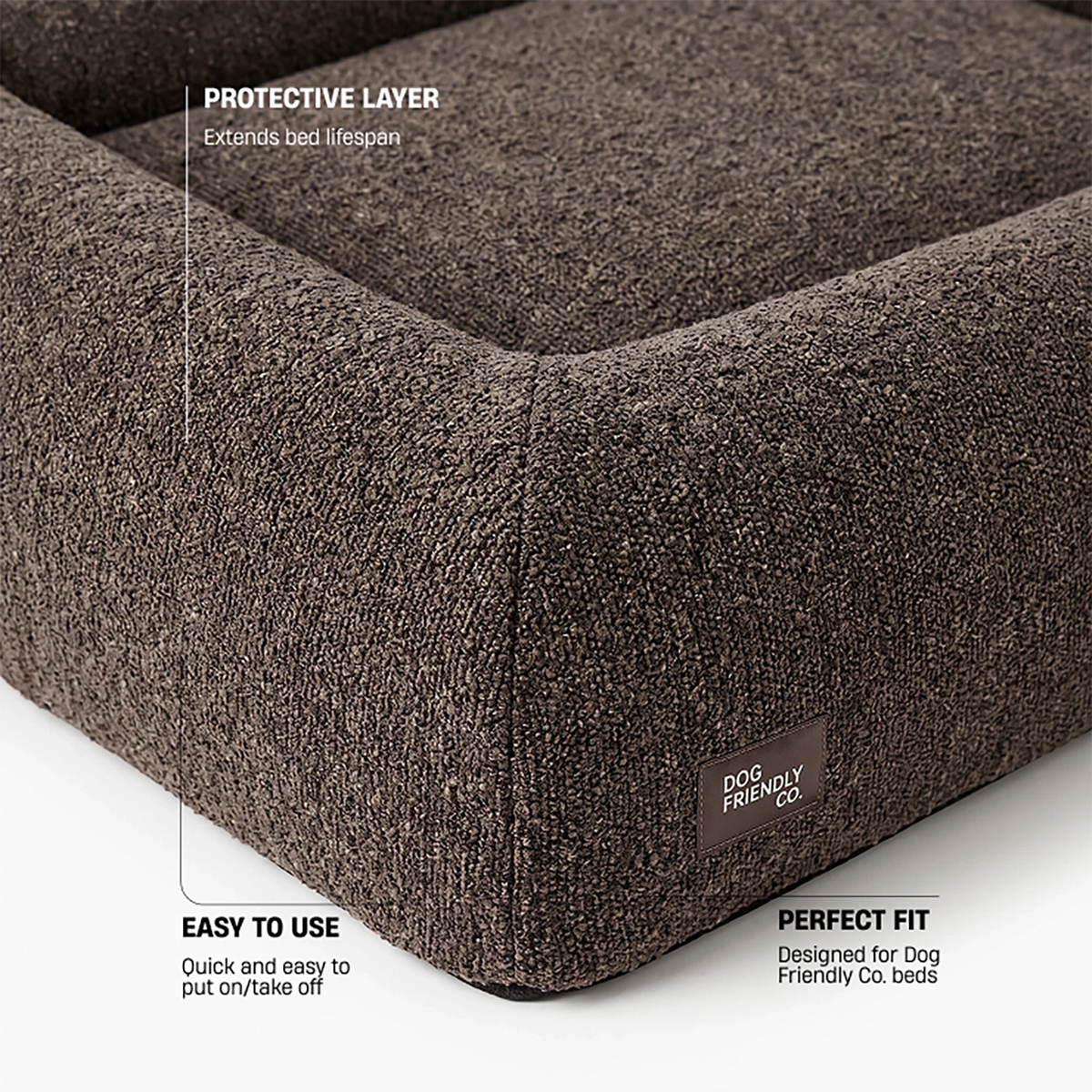 Brown bouclé replacement cover showing its fitted design, soft velvet lining, machine-washable fabric, and protective layer.